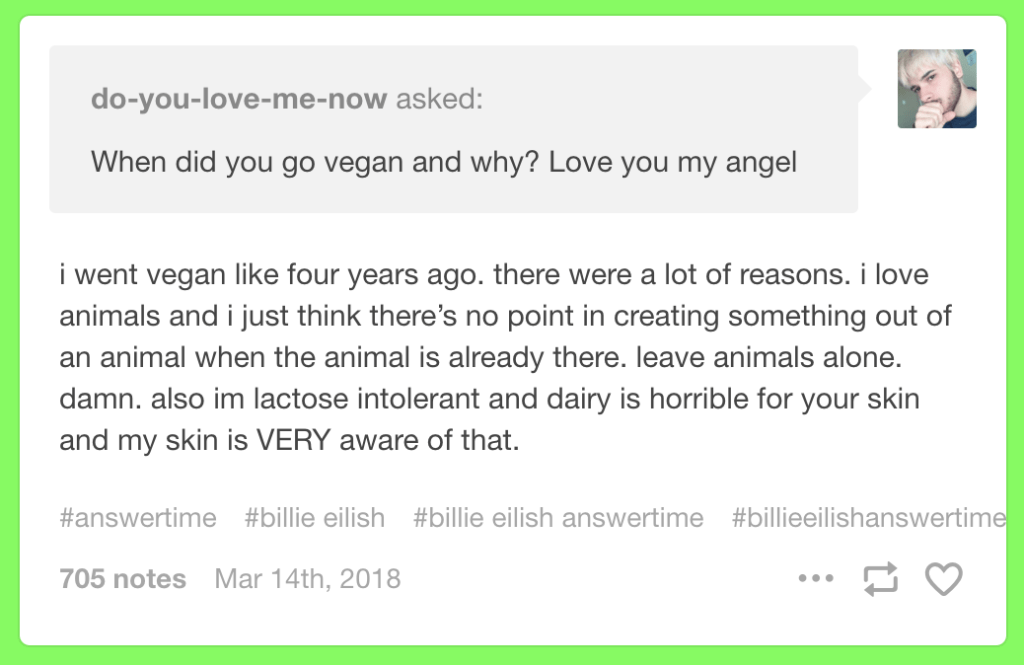 billie eilish tumblr account why she went vegan